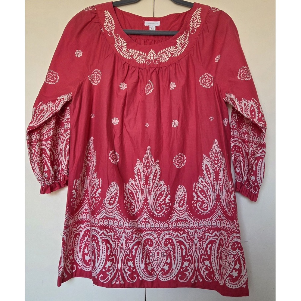 CHARTER CLUB Womens Cotton Tunic Sz 10 Deep Pink Color Embroidery at Collar EUC